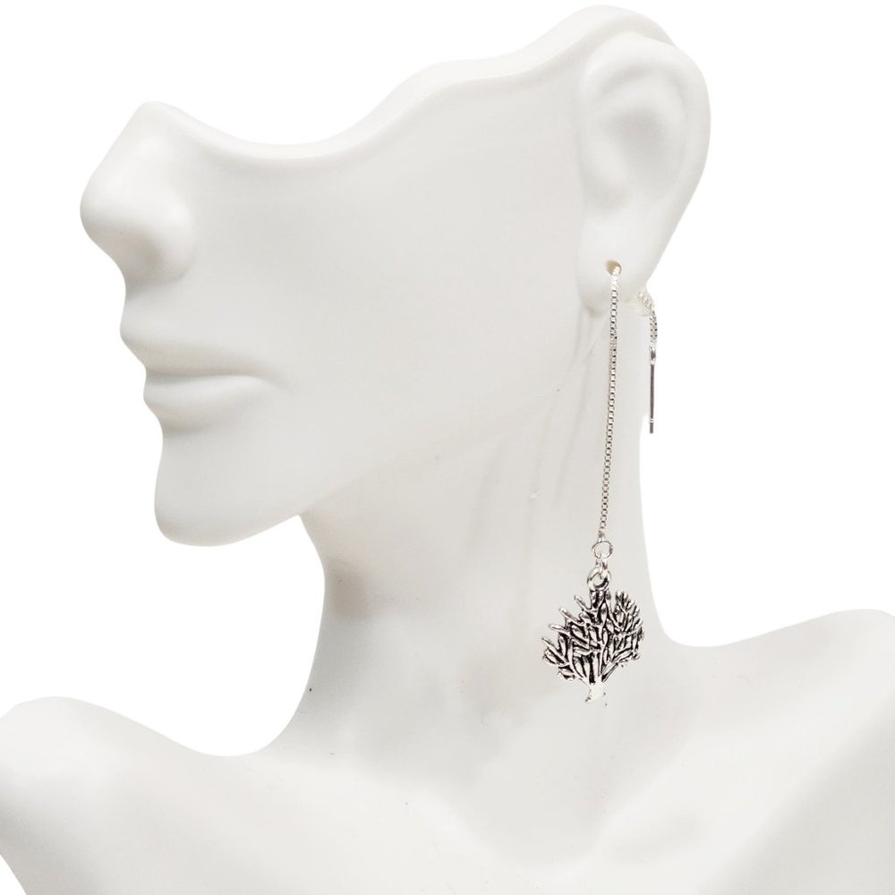 Threader Chain Earrings Tree Charm on Silver or Gold